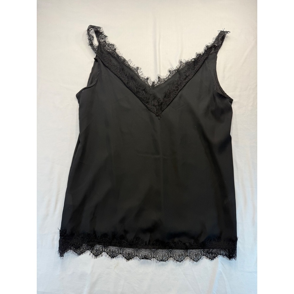 Womens Black Satin Eyelash Lace Trim V-Neck Camisole Tank Top Size XL Polyester - Picture 1 of 4